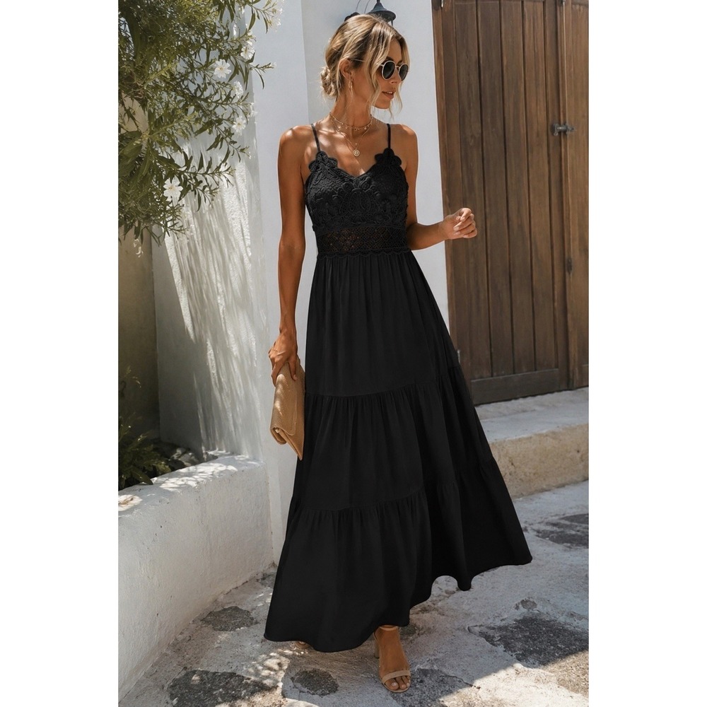 Dokuritu Crochet Lace Midi Dress Women's Size M Black Boho Spaghetti Strap New